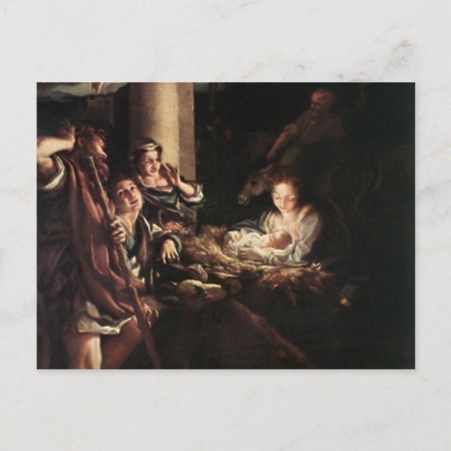 Postal Festiva Regalos de la escena de la Natividad para Navidade (Anverso)