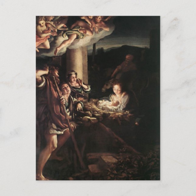 Postal Festiva Regalos de la escena de la Natividad para Navidade (Anverso)