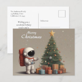 Postal Festiva Regalos secretos de Astronauta Santa bajo árbol de