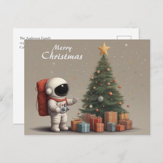 Postal Festiva Regalos secretos de Astronauta Santa bajo árbol de (Anverso / Reverso)