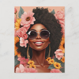 Postal Festiva Reina negra floral afro melanina mujer amor floral