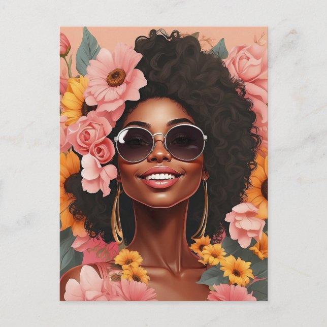 Postal Festiva Reina negra floral afro melanina mujer amor floral (Anverso)