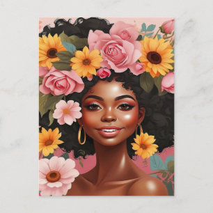 Postal Festiva Reina negra floral afro melanina mujer amor floral