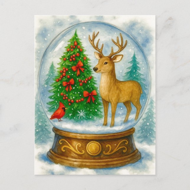 Postal Festiva Reindeer Cardinal Christmas Snow Globe Postcard (Anverso)