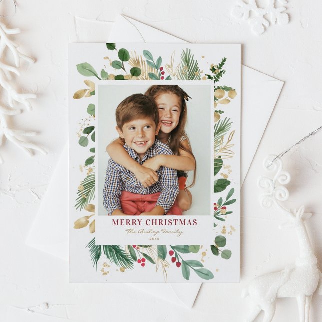Postal Festiva Relieve metalizado dorado festivo acuarela Feliz N (Watercolor and Faux Gold Foil Winter Greenery Photo Merry Christmas Postcard)