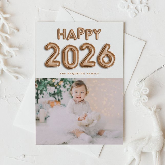 Postal Festiva Relieve metalizado dorado Mylar Balloons Foto Año  (Customizable photo Happy 2026 New Year postcard featuring copper foil mylar balloons.)