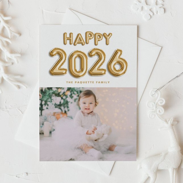 Postal Festiva Relieve metalizado dorado Mylar Balloons Foto Año  (Customizable photo Happy 2026 New Year postcard featuring gold foil mylar balloons.)