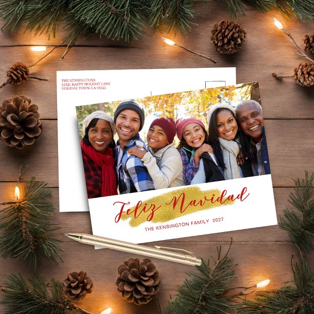 Postal Festiva Relieve metalizado dorado navideño navideño navide (Modern Feliz Navidad Gold Foil Swash Holiday Photo Postcard)