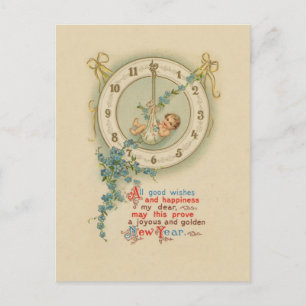 Postal Festiva Reloj Antiguo Bebé de Año Nuevo