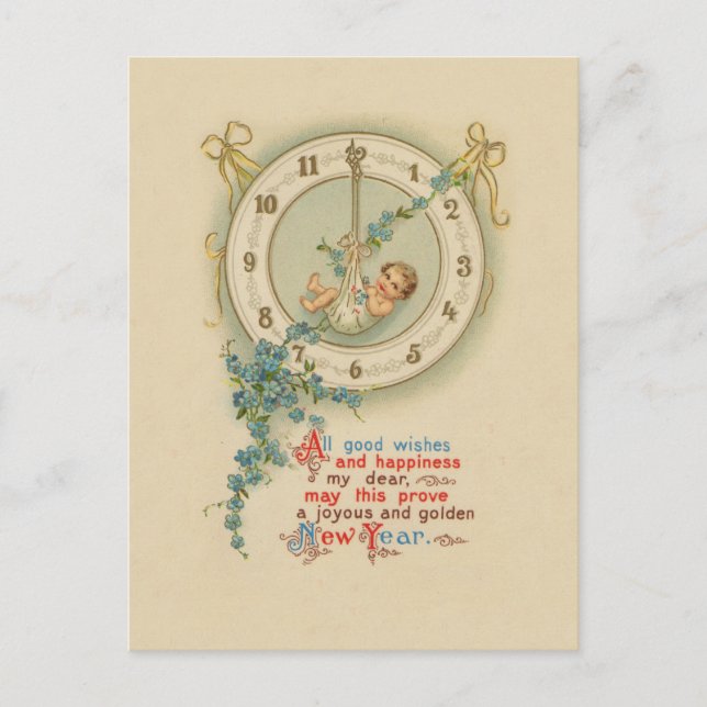 Postal Festiva Reloj Antiguo Bebé de Año Nuevo (Anverso)