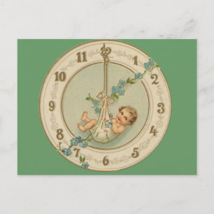 Postal Festiva Reloj Antiguo Bebé de Año Nuevo