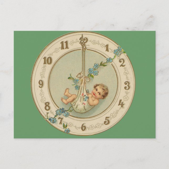 Postal Festiva Reloj Antiguo Bebé de Año Nuevo (Anverso)