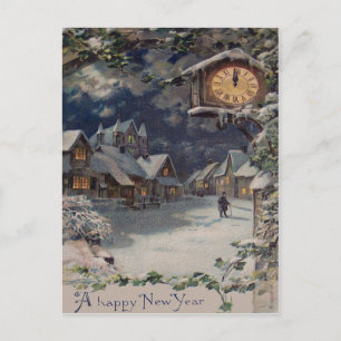 Postal Festiva Reloj de la Aldea de Invierno Año Nuevo