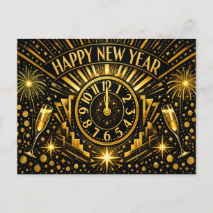 Postal Festiva Reloj de medianoche de oro de celebración Art Déco
