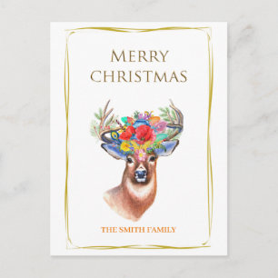 Postal Festiva Renindeer elegantemente hermosos con flores y oro