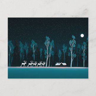 Postal Festiva Reno blanco, cabina de nieve, noche luna de miel