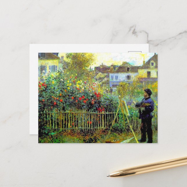 Postal Festiva Renoir - Pintura de Monet en su jardín (Anverso/Reverso In Situ)