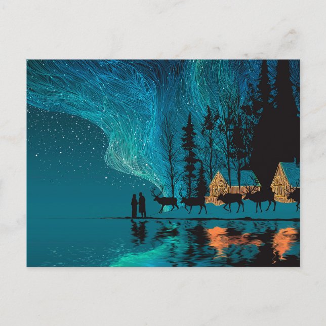 Postal Festiva Renos, cabaña, auroras boreales a orillas de un la (Anverso)