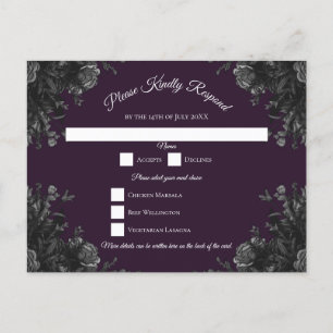 Postal Festiva Respuesta RSVP de Boda Gótica de Rosas Gris Morado