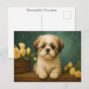 Postal Festiva Retrato Adorable de Perrito Shi Tzu Vintage