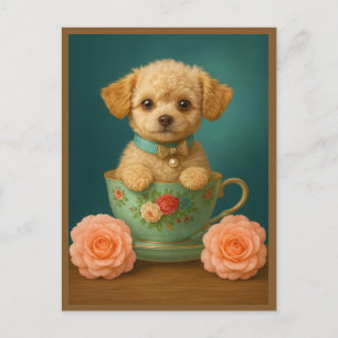 Postal Festiva Retrato de cachorro de caniche en taza de té moder