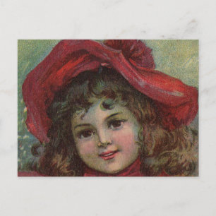 Postal Festiva Retrato de Chica de Gorra rojo infantil victoriano
