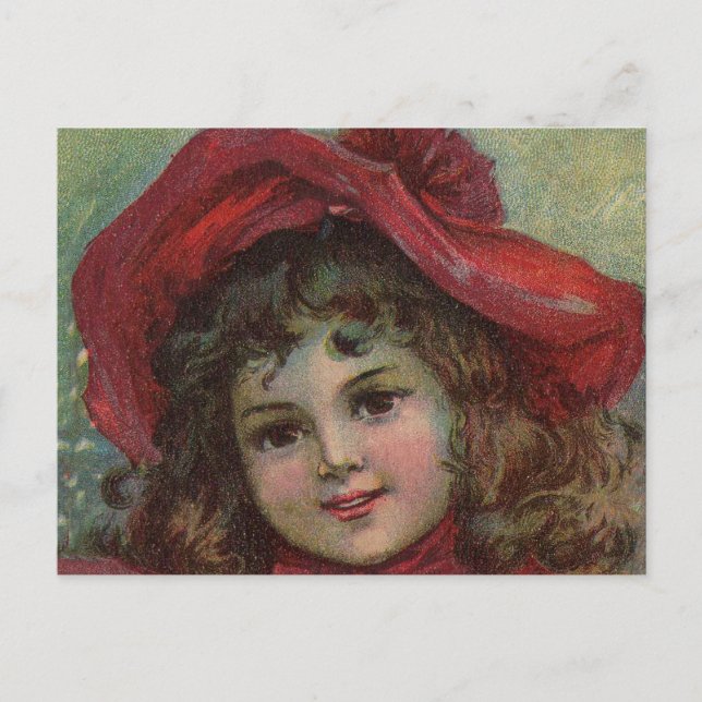 Postal Festiva Retrato de Chica de Gorra rojo infantil victoriano (Anverso)