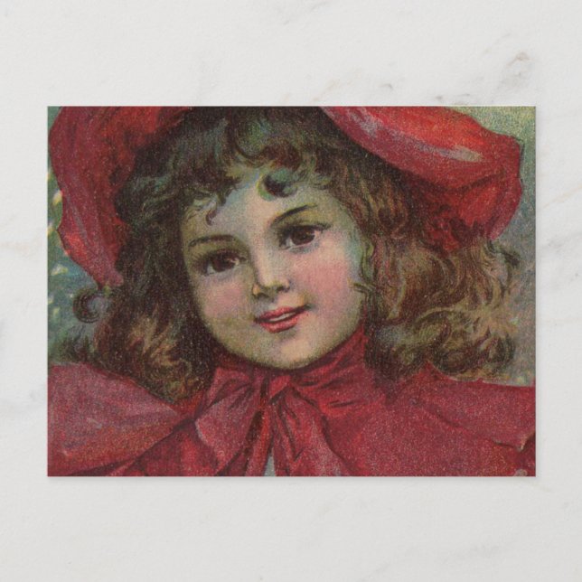 Postal Festiva Retrato de Chica de Gorra rojo infantil victoriano (Anverso)