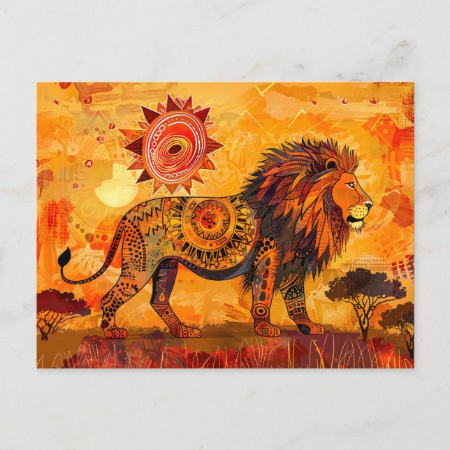 Postal Festiva Retrato de león africano al estilo tribal (Anverso)