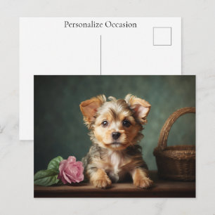 Postal Festiva Retrato de rosa de cachorro lindo vintage Yorkshir