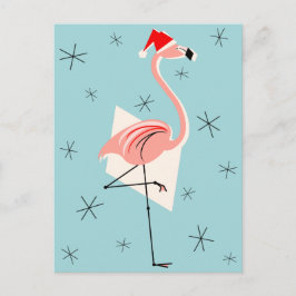 Postal Festiva Retrato Flamingo Santa Blue