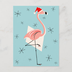 Postal Festiva Retrato Flamingo Santa Blue