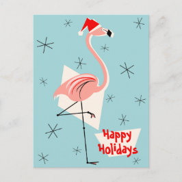 Postal Festiva Retrato Flamingo Santa Blue Happy Holidays