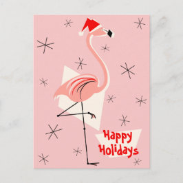 Postal Festiva Retrato Flamingo Santa Pink Happy Holidays
