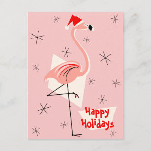 Postal Festiva Retrato Flamingo Santa Pink Happy Holidays
