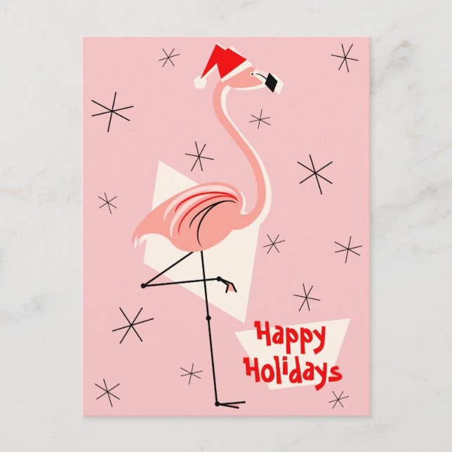 Postal Festiva Retrato Flamingo Santa Pink Happy Holidays (Anverso)