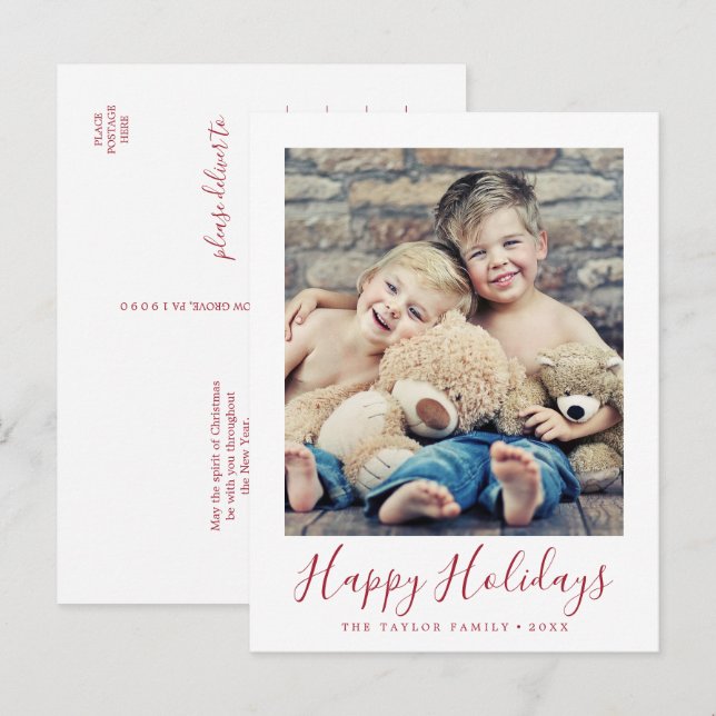Postal Festiva Retrato minimalista Red Happy Holidays (Anverso / Reverso)