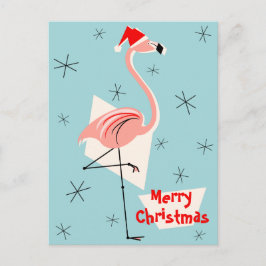 Postal Festiva Retrato navideño Flamingo Santa Blue Merry
