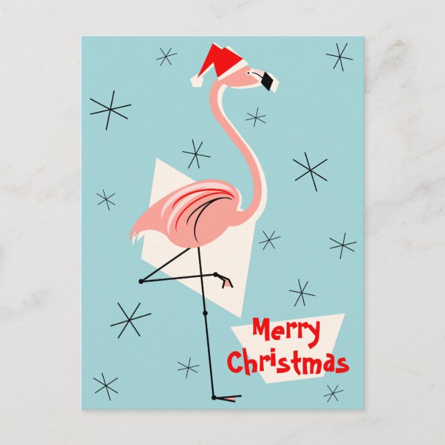 Postal Festiva Retrato navideño Flamingo Santa Blue Merry (Anverso)