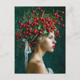 Postal Festiva Retrato romántico de la corona de cerezo rojo