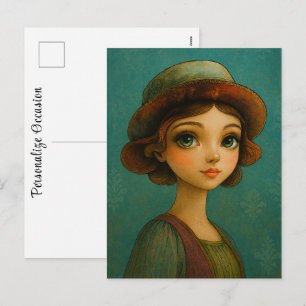 Postal Festiva Retro Anime Mujer Hermosa Con Sombrero Vintage Cap