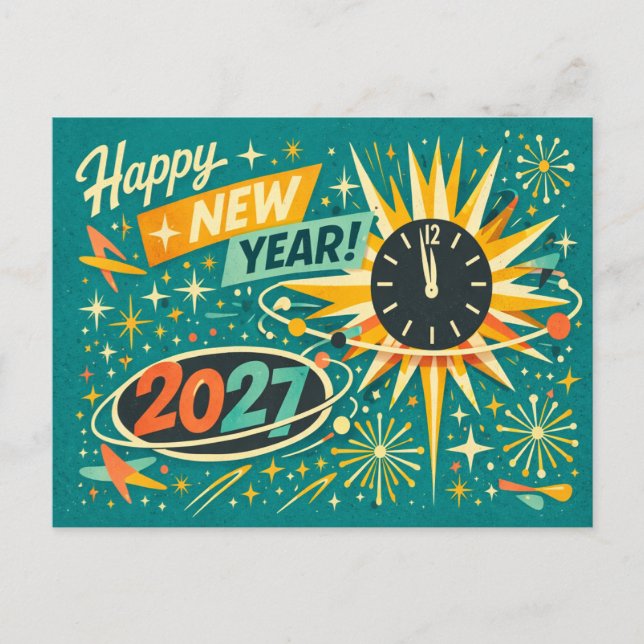 Postal Festiva Retro Atomic Mid Century Happy New Year 2027 (Anverso)