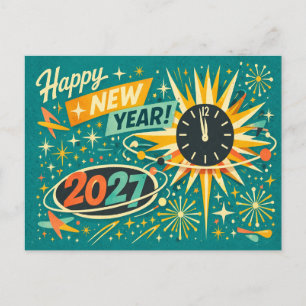 Postal Festiva Retro Atómico Mediados de Siglo Feliz Año Nuevo 20