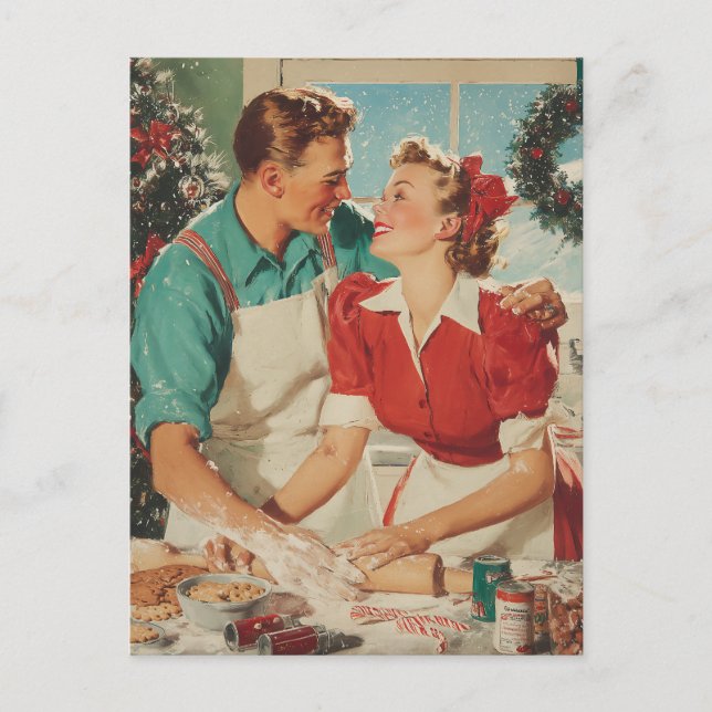 Postal Festiva Retro Christmas Couple Baking Love (Anverso)