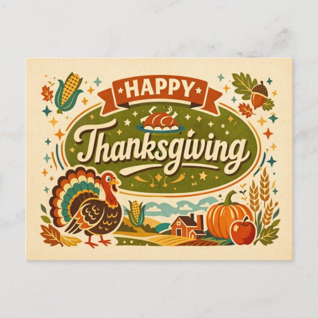 Postal Festiva Retro Farmhouse Happy Thanksgiving Turkey Harvest  (Anverso)