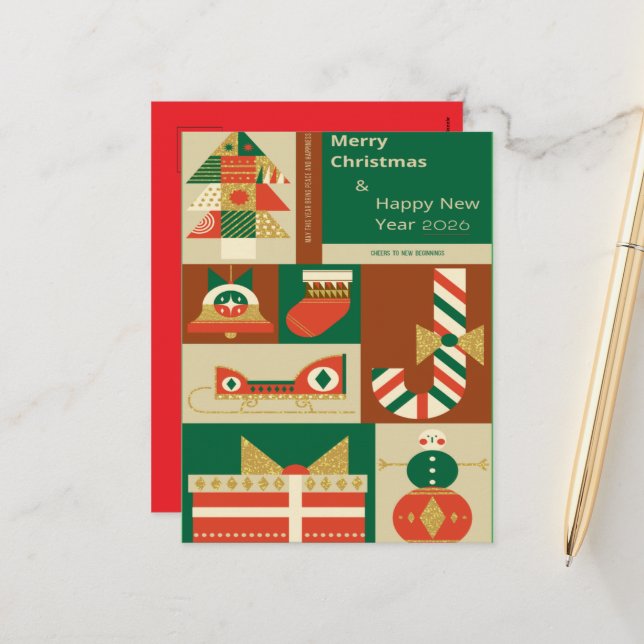 Postal Festiva Retro Geometric Christmas Greeting Card – Festive. (Anverso/Reverso In Situ)