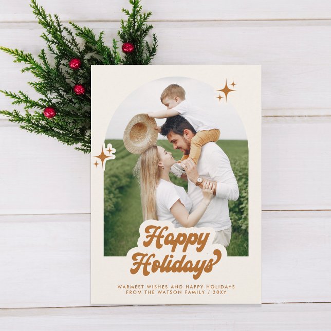 Postal Festiva Retro Groovy Happy Holidays Typography (Retro Groovy Happy Holidays Typography Photo Holiday Postcard)