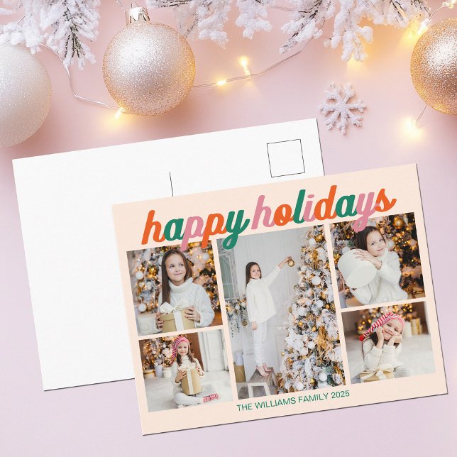 Postal Festiva Retro Happy Holidays 5 Photo Collage Ivory (Subido por el creador)