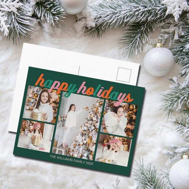 Postal Festiva Retro Happy Holidays Cute Green Photo Collage (Subido por el creador)