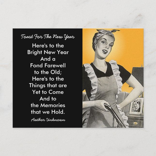 Postal Festiva Retro Happy Homemaker Toasts New Year Grey PC (Anverso)